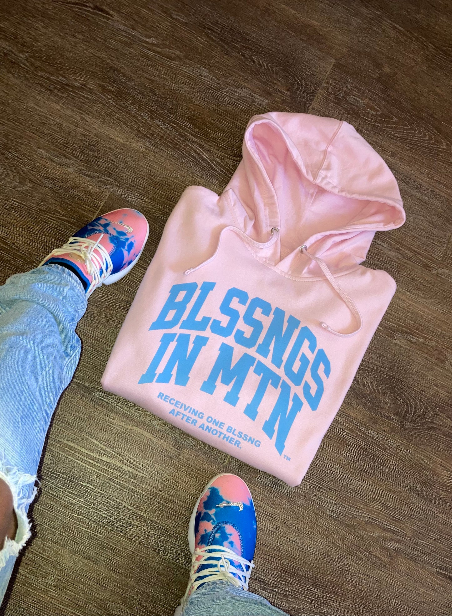 Double Arch Message Hoodie-Pink/Light Blue